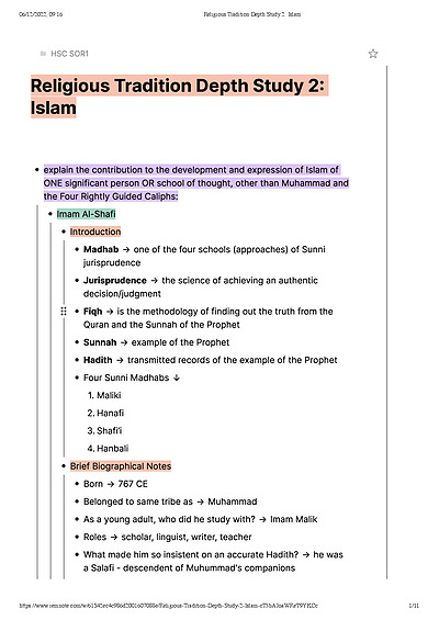 Cover page of SOR - Islam Religious Tradition Depth Study
