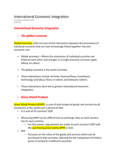 Cover page of Year 12 Economics Topic 1- The Global Economy