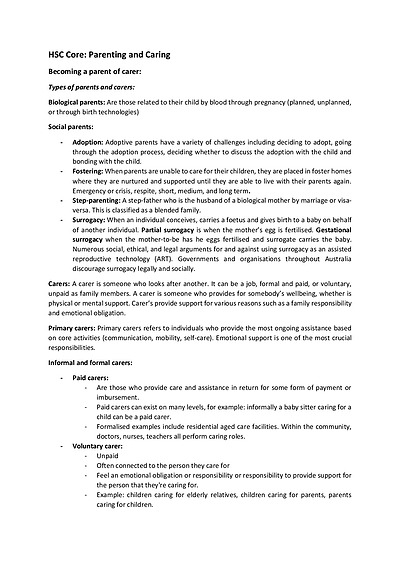 Cover page of CAFS HSC CORE: Parenting and Caring (Full syllabus notes)