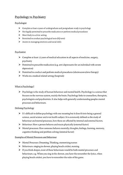 Cover page of Year 10 Psychology Notes 