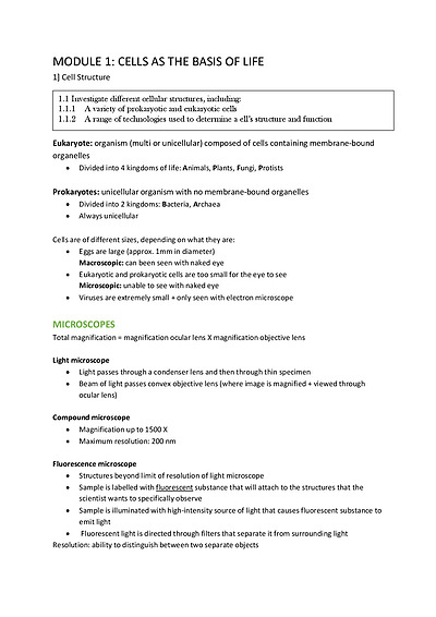 Cover page of Preliminary Biology Module 1 to 4 Notes (School mark: 92)