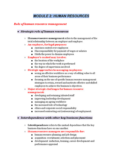 Cover page of MODULE 2: HUMAN RESOURCES IN - DEPTH NOTES