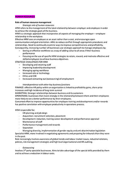 Cover page of BUSINESS STUDIES Human Resources BAND 6 Notes & Case Studies