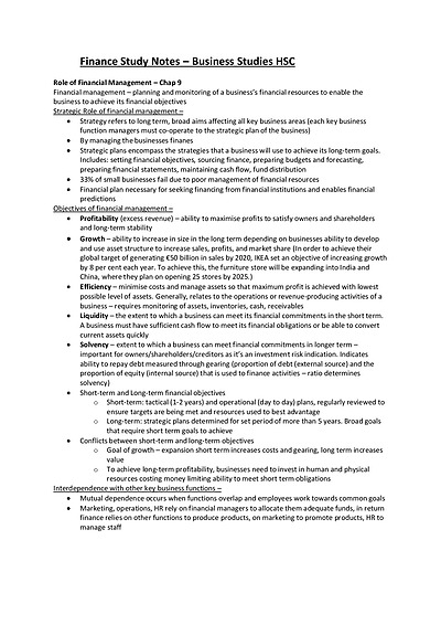 Cover page of BUSINESS STUDIES FINANCE BAND 6 Notes & Case Studies