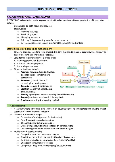 Cover page of BUSINESS STUDIES OPERATIONS BAND 6 Notes & Case Studies