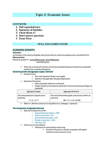 Cover page of Topic 3 Full Summary: Economic Issues