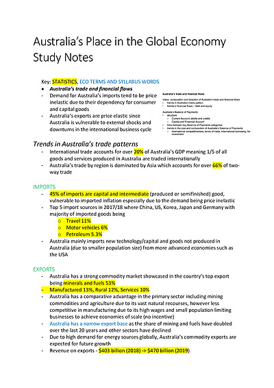 Cover page of HIGH BAND 6 // TOPIC 2 STUDY NOTES: AUSTRALIAS PLACE IN THE GLOBAL ECONOMY