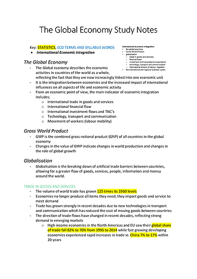 Cover page of HIGH BAND 6 // TOPIC 1 STUDY NOTES: THE GLOBAL ECONOMY