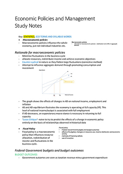 Cover page of HIGH BAND 6 // TOPIC 4 STUDY NOTES: ECONOMIC POLICIES AND MANAGEMENT
