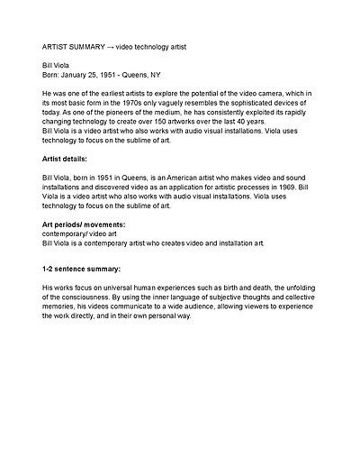Cover page of Visual arts - Bill Viola artist summary (contemporary artist)