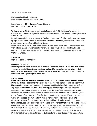 Cover page of Visual arts - Michelangelo artist summary notes (traditional artist)