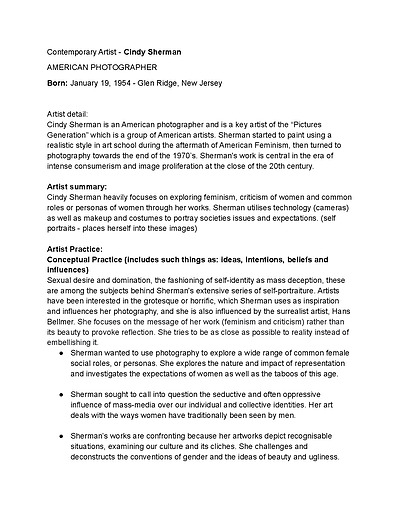 Cover page of Visual arts - Cindy sherman artist summary (contemporary)