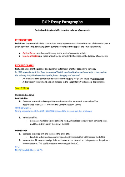 Cover page of Economics: Balance of Payments Essay Plan