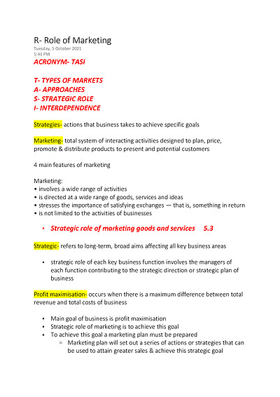 Cover page of Year 12 Business Marketing Notes
