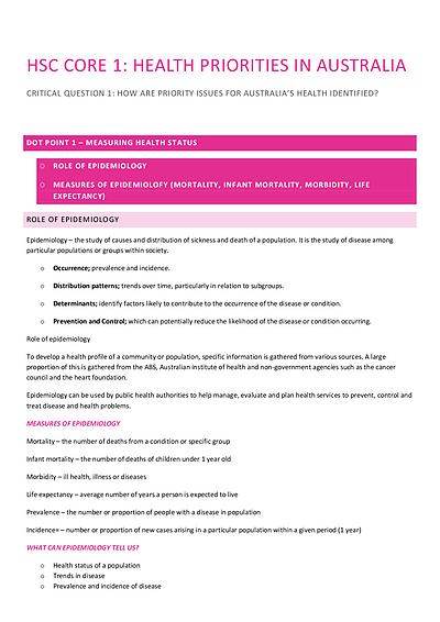 Cover page of CORE 1 - Health Priorities in Australia