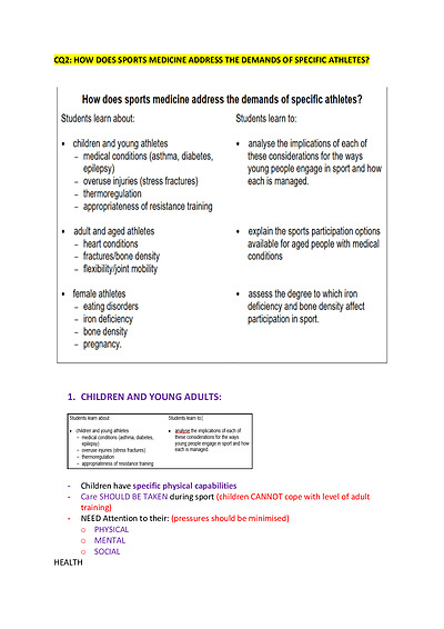 Cover page of Band 6 - PDHPE Sports medicine notes (Critical questions 2 +4)
