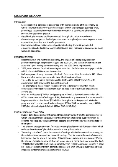Cover page of HIGH BAND 6 // FISCAL POLICY ESSAY PLAN