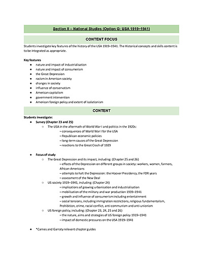 Cover page of SECTION II — National Studies (Option G: USA 1919−1941) FULL SYLLABUS NOTES + CASE STUDIES