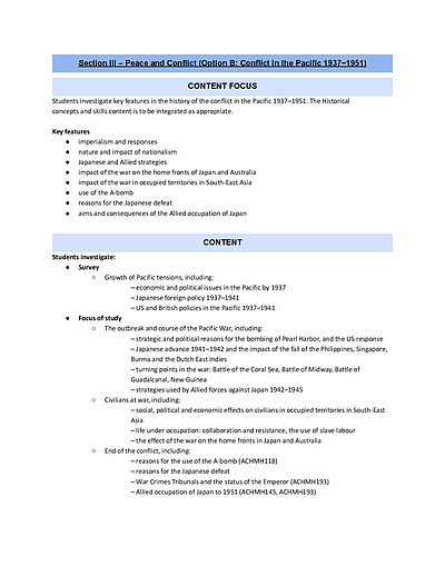 Cover page of SECTION III – Peace and Conflict (Option B: Conflict in the Pacific 1937−1951) FULL SYLLABUS NOTES