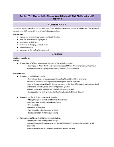 Cover page of SECTION IV — Change in the Modern World (Option C: Civil Rights in the USA 1945−1968) FULL SYLLABUS NOTES