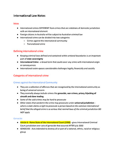 Cover page of HSC Legal Studies - Crime - International Law Notes