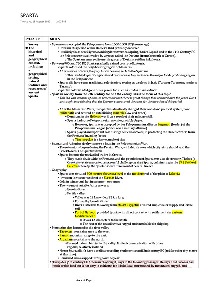 Cover page of HSC Sparta Notes 