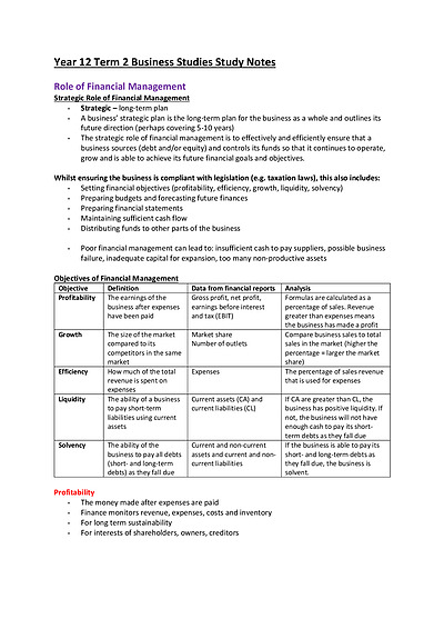 Cover page of BAND 6 Year 12 FINANCE Business Studies Study Notes - ATAR 98.35