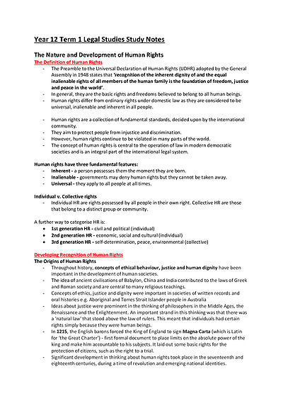Cover page of BAND 6 Year 12 HUMAN RIGHTS Legal Studies Study Notes - ATAR 98.35