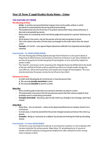 Cover page of BAND 6 Year 12 CRIME Legal Studies Study Notes - ATAR 98.35