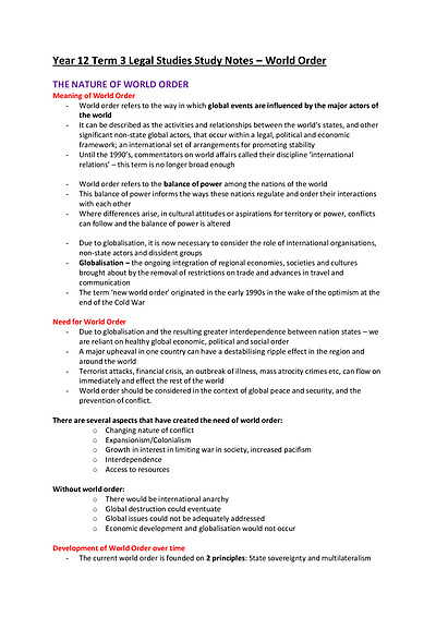 Cover page of BAND 6 Year 12 WORLD ORDER Legal Studies Study Notes - ATAR 98.35