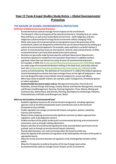 Cover page of BAND 6 Year 12 GLOBAL ENVIRONMENTAL PROTECTION (GEP) Legal Studies Study Notes - ATAR 98.35