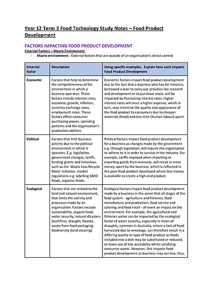 Cover page of 1st IN STATE - BAND 6 Year 12 FOOD PRODUCT DEVELOPMENT Food Technology Study Notes - ATAR 98.35