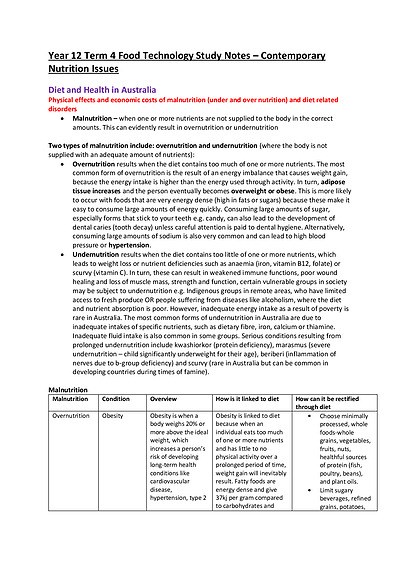 Cover page of 1st IN STATE - BAND 6 Year 12 CONTEMPORARY NUTRITION ISSUES Food Technology Study Notes - ATAR 98.35