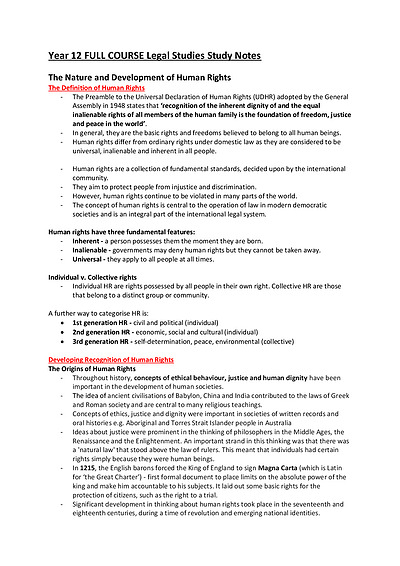 Cover page of BAND 6 Year 12 FULL COURSE Legal Studies Study Notes - HR, CRIME, WO, GEP - ATAR 98.35