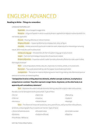 Cover page of English Advanced - Preliminary Course Notes