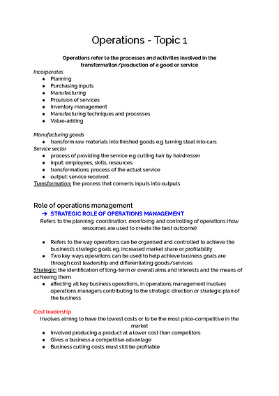 Cover page of Operations - Business Band 6 Year 12 HSC full syllabus notes