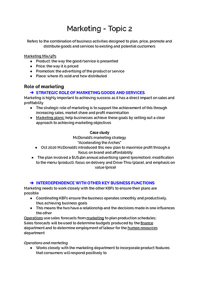 Cover page of Marketing - Business Band 6 Year 12 HSC full syllabus notes