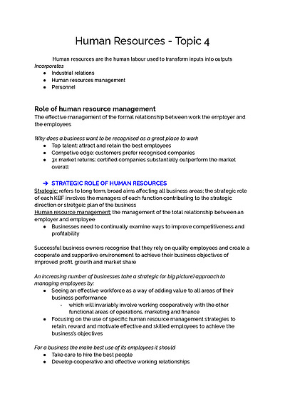Cover page of Human Resources - Business Band 6 Year 12 HSC full syllabus notes
