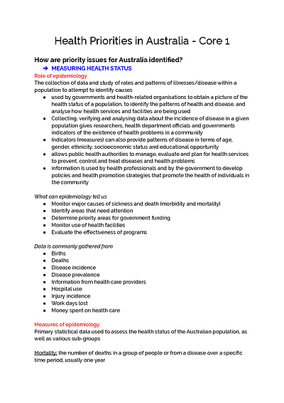 Cover page of Health Priorities in Australia - PDH Year 12 Full Syllabus Notes