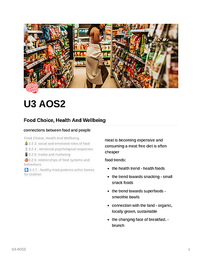 Cover page of Unit 3 Area of Study 2 - Food Choice, Health And Wellbeing