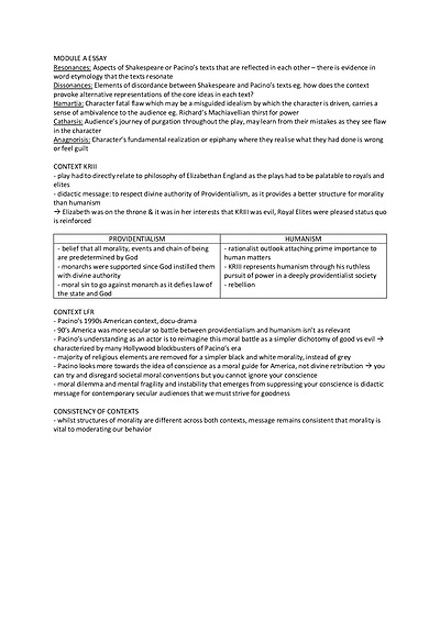 Cover page of BAND 6 Module A Essay NOTES KRIII & Looking for Richard (12 pages)
