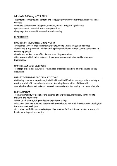 Cover page of BAND 6 Module B Essay NOTES T.S ELIOT (8 pages)