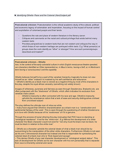 Cover page of Year 11, Othello - Critical Lenses Summaries