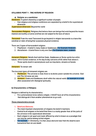 Cover page of SOR2 - The Nature of Religion Summary Notes