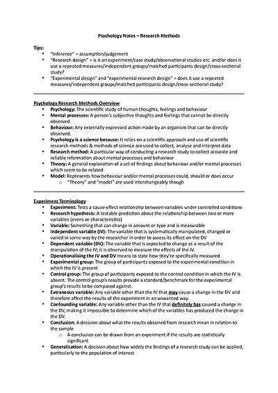 Cover page of Psychology Notes – Research Methods Unit 3 and 4 VCE