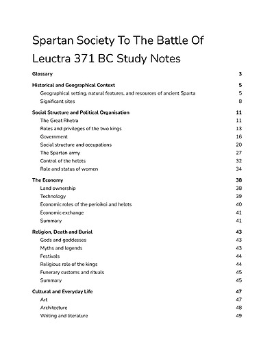 Cover page of Spartan Society To The Battle Of Leuctra 371 BC Study Notes