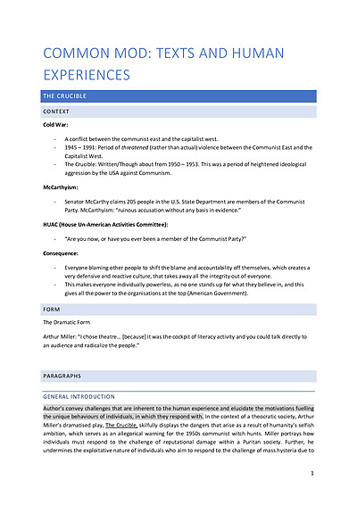 Cover page of Year 12 English Advanced Common Module (The Crucible) Notes