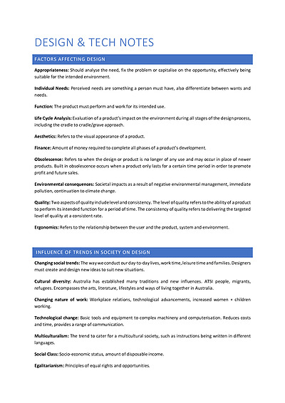 Cover page of Year 12 Design and Technology Notes