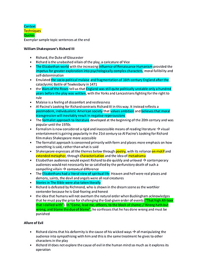 Cover page of HSC ENGLISH ADVANCED MODULE A RICHARD III AND LOOKING FOR RICHARD NOTES (8TH IN NSW STATE RANKER, 99.95 ATAR)