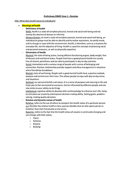Cover page of Preliminary PDHPE Core 1 - Detailed notes